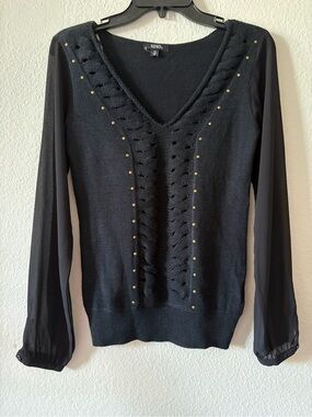 XOXO Black V-Neck Knit Top with Gold Stud Accents